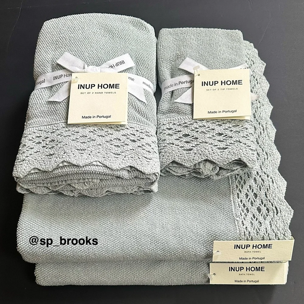 🎁INUP Home Cotton Bath Towel Set with Crochet Trim - 6 Pieces - Light Blue